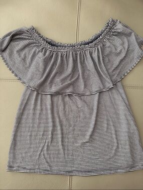 Abercrombie & Fitch Striped Off-Shoulder Tee in White and Navy stripes